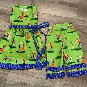 Girls 2T-4T Wrap Dress and Pants Matching Set Golf Scenes Handmade